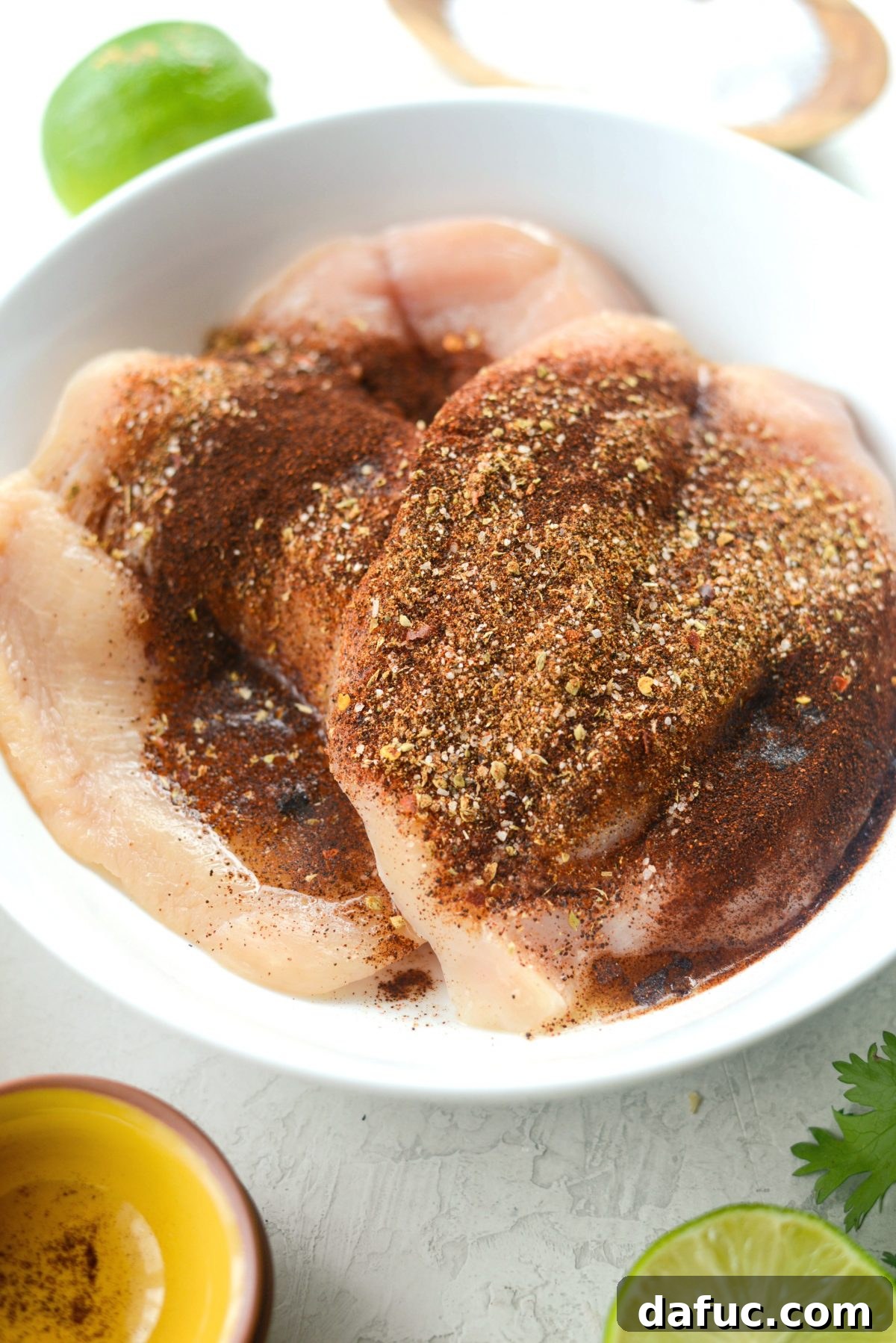 Smoky Chipotle Chicken Fajita Bowl 6 Chicken breasts being seasoned in a bowl for fajita rice bowls