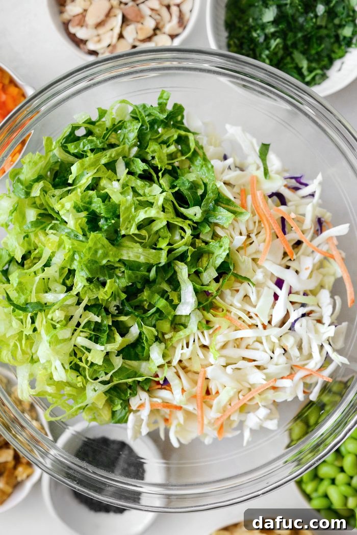 Tropical Teriyaki Salad 7 Romaine lettuce and coleslaw mix in a large bowl