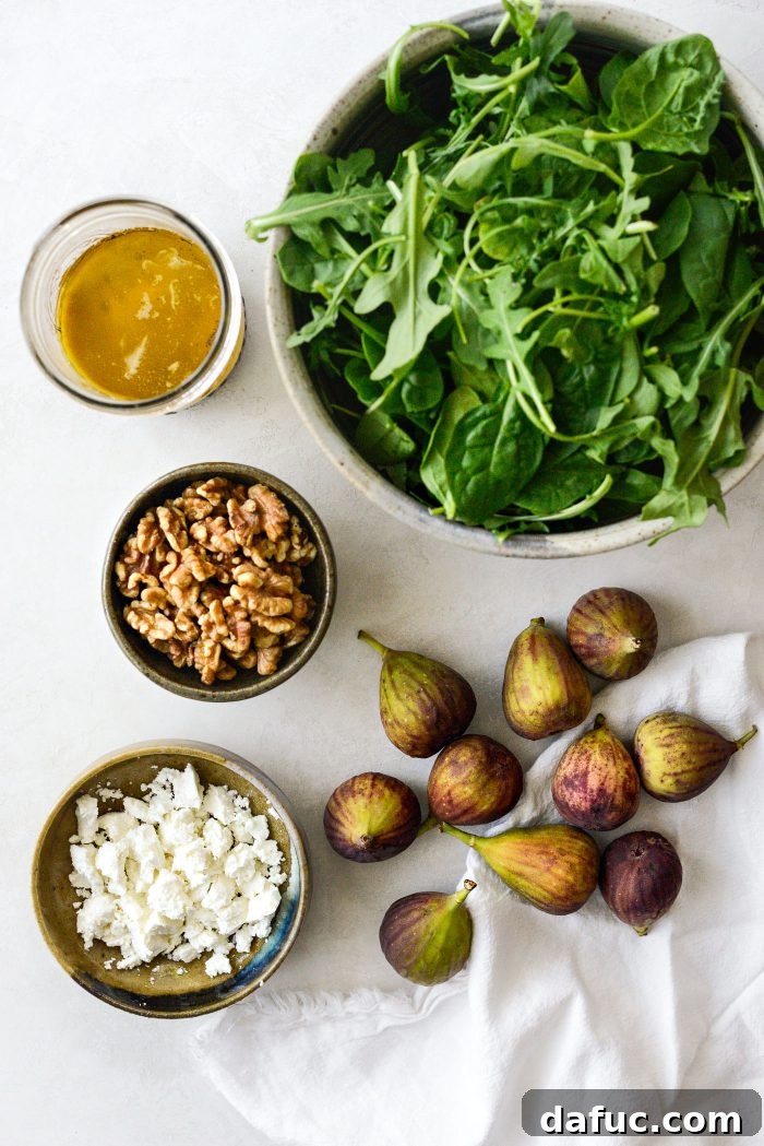 Ingredients for Fig Salad with Goat Cheese and Walnuts, artfully arranged