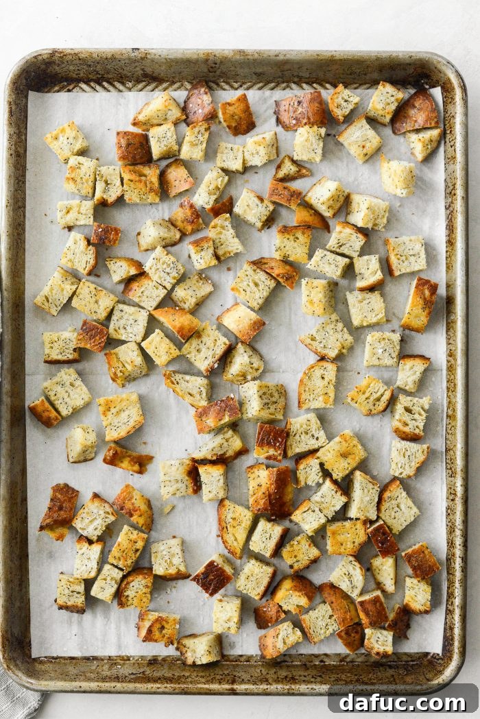 Golden Crispy Homemade Croutons 7 Freshly baked golden brown croutons on a baking sheet, straight from the oven