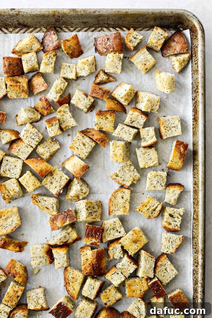 Golden Crispy Homemade Croutons 8 Close-up shot of individual crispy, golden homemade croutons, highlighting their perfect texture