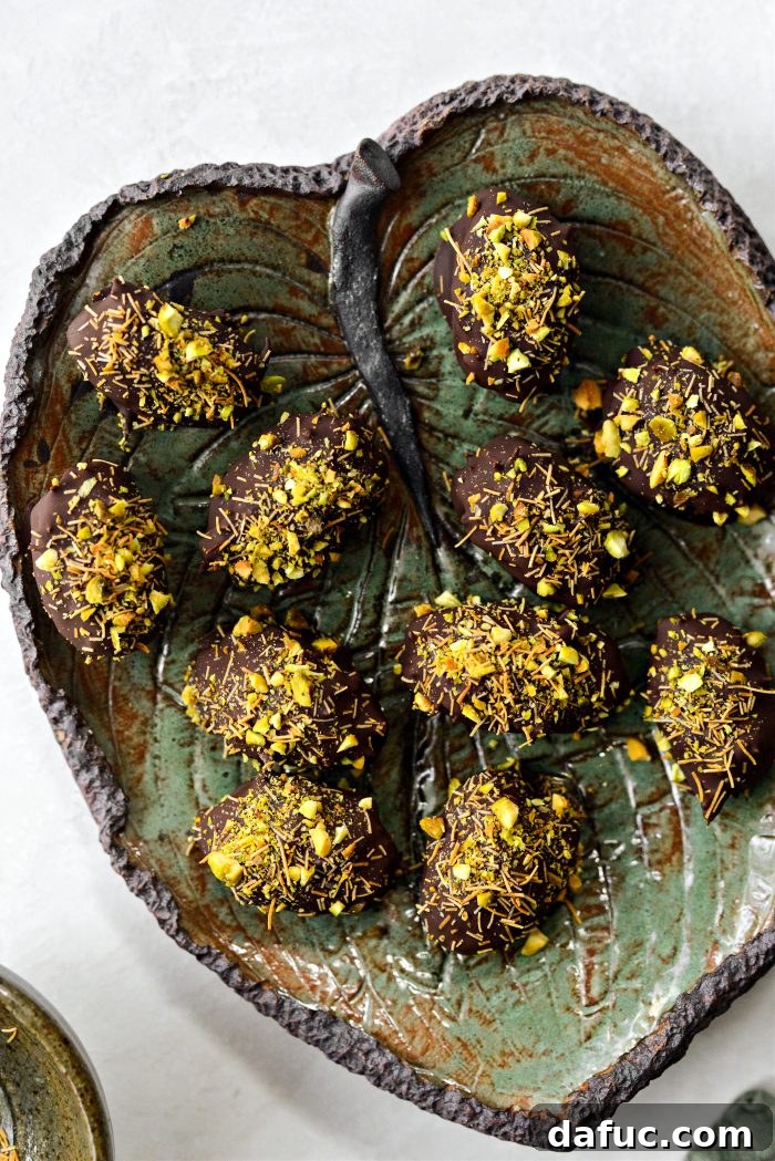 Dubai Stuffed Dates, a luxurious sweet treat with pistachio and chocolate