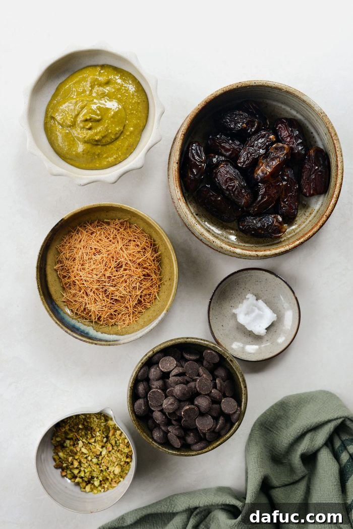 Ingredients for making Dubai Stuffed Dates including Medjool dates, pistachio cream, and chocolate