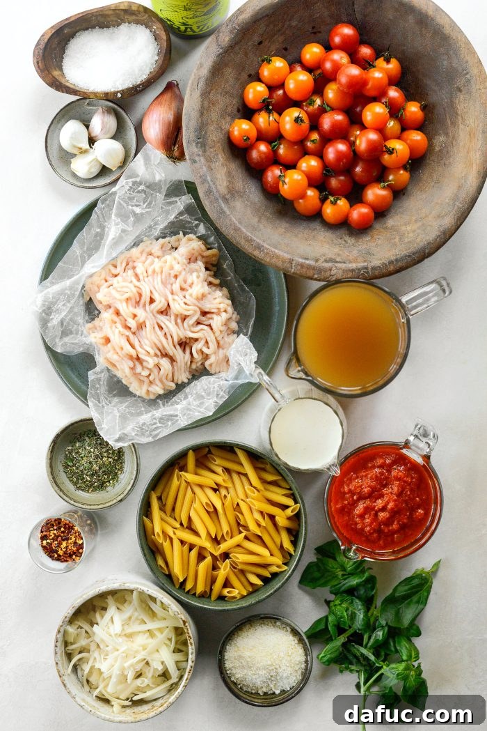 Ingredients for Cheesy Chicken One Pot Pasta laid out