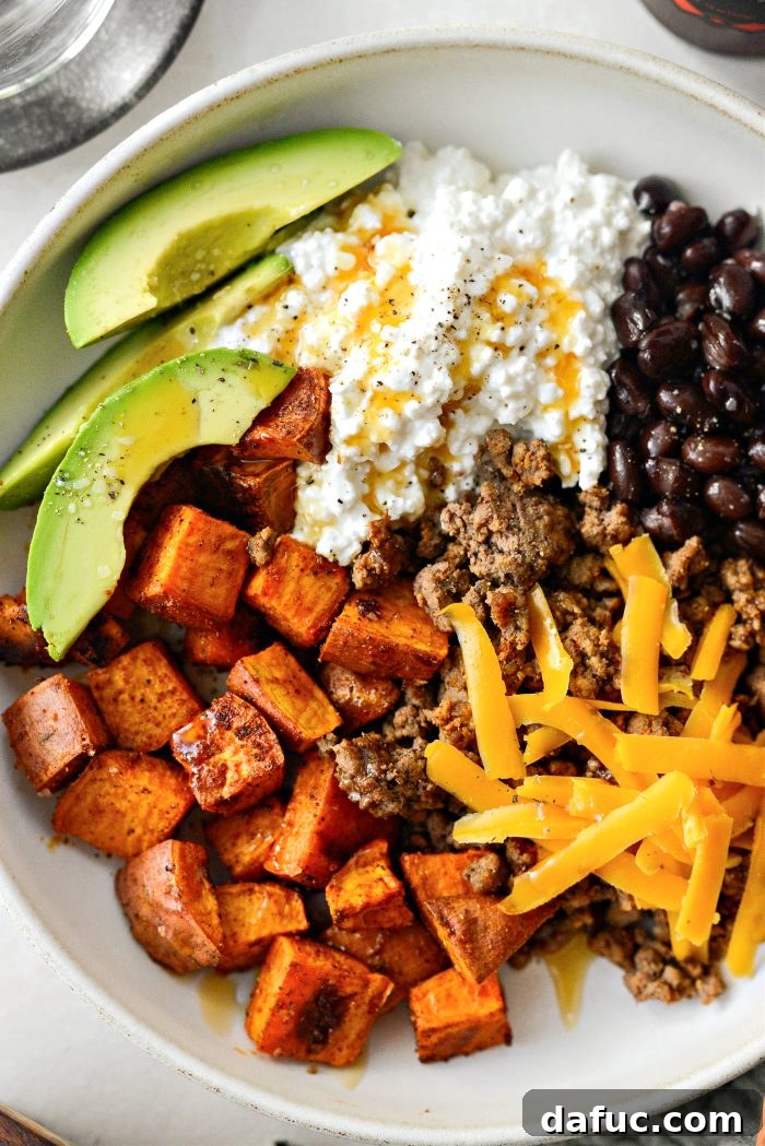 Another perspective of a Sweet Potato Beef Bowl with Hot Honey, showcasing its delicious layers.