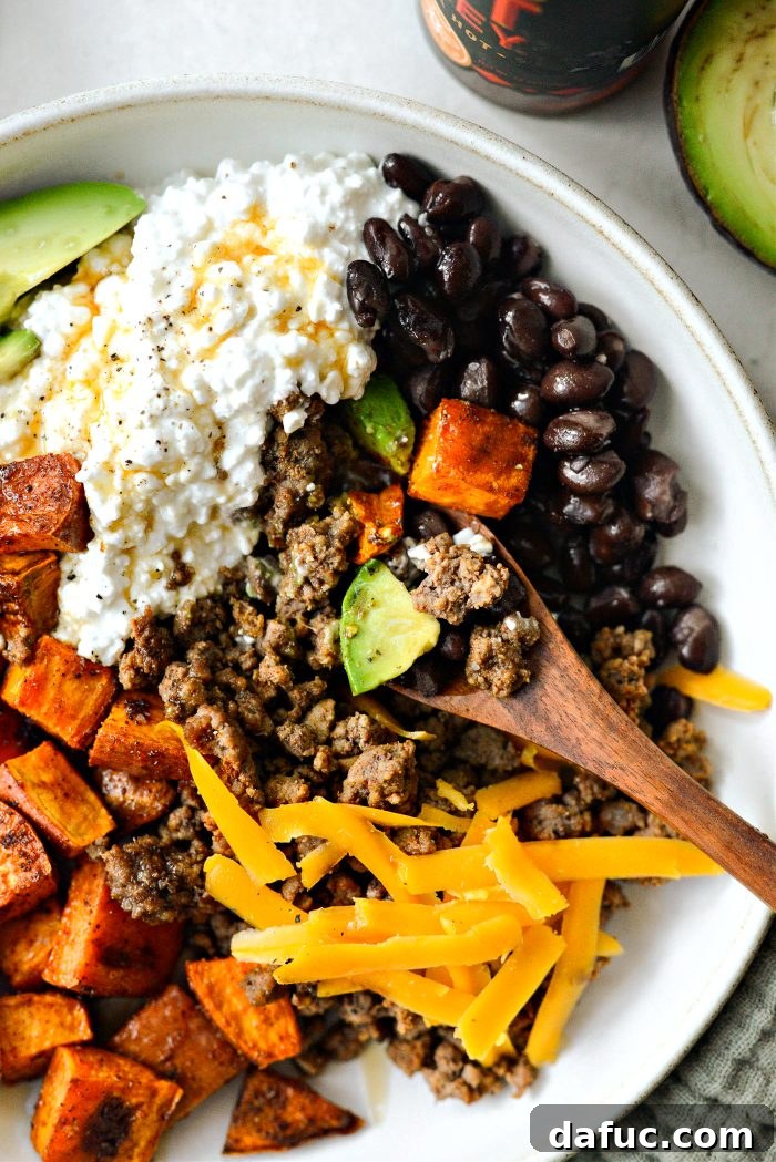 Another aesthetic shot of the Sweet Potato Beef Bowl with Hot Honey, emphasizing its appeal.