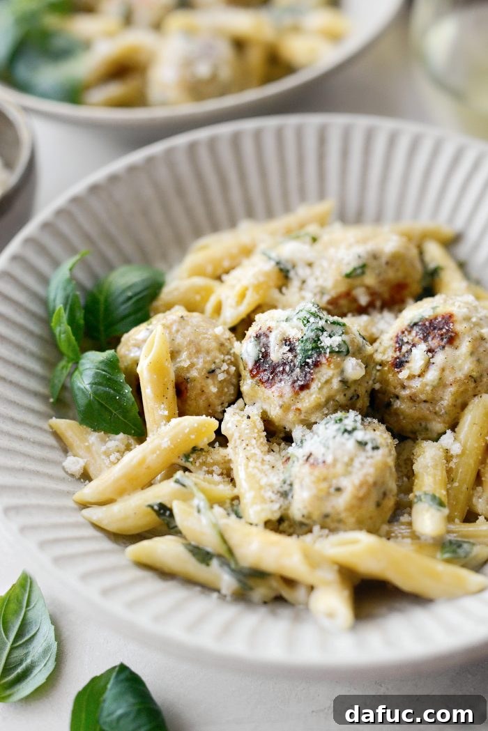 Chicken Ricotta Meatballs with Penne Alfredo