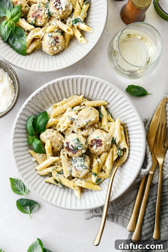 Chicken Ricotta Meatballs with Penne Alfredo
