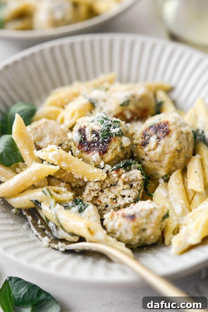 Chicken Ricotta Meatballs with Penne Alfredo