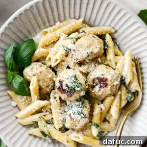 Chicken Ricotta Meatballs with Penne Alfredo