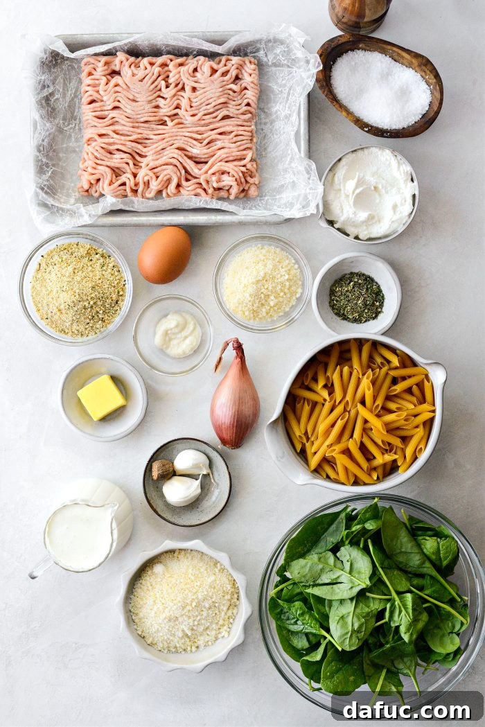 ingredients for Chicken Ricotta Meatballs with Penne Alfredo