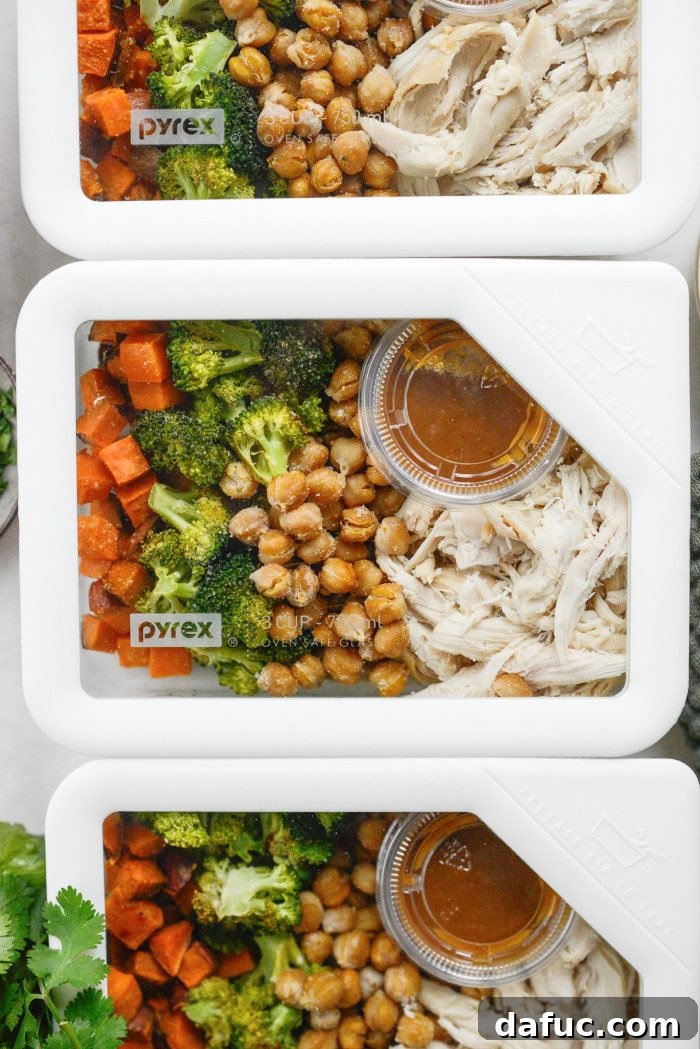 Peanut Chicken Sweet Potato and Broccoli Bowls ready for meal prep
