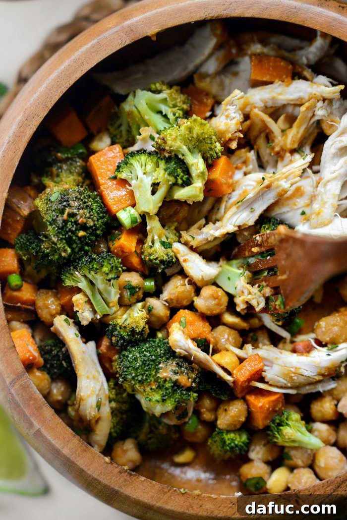 Peanut Chicken Sweet Potato and Broccoli Bowls, styled