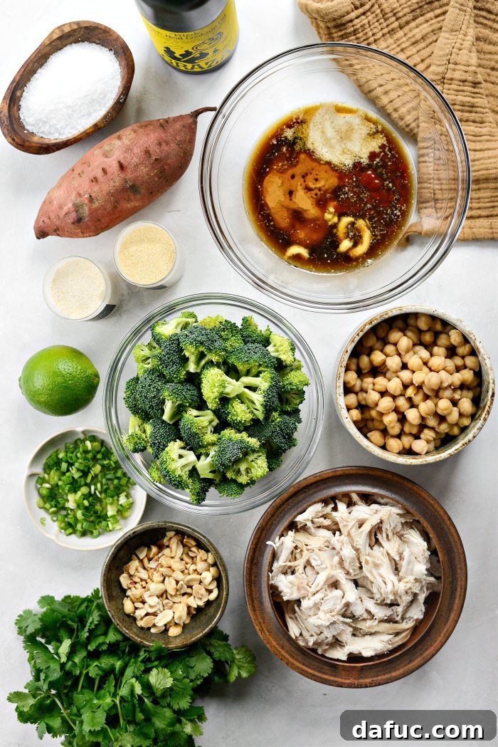 Ingredients laid out for Peanut Chicken Sweet Potato and Broccoli Bowls
