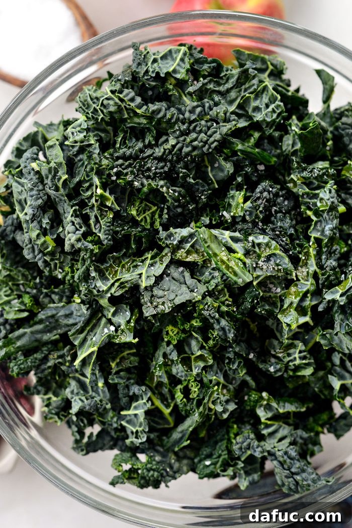 Honeycrisp Apple and Crispy Pancetta Kale Salad with Manchego 13 add kale, oil and salt to a bowl