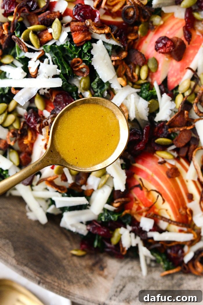 Honeycrisp Apple and Crispy Pancetta Kale Salad with Manchego 16 drizzle with dressing