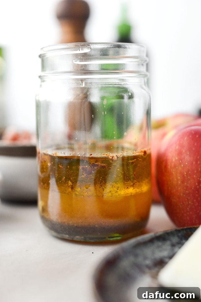 Honeycrisp Apple and Crispy Pancetta Kale Salad with Manchego 5 dressing ingredients in jar