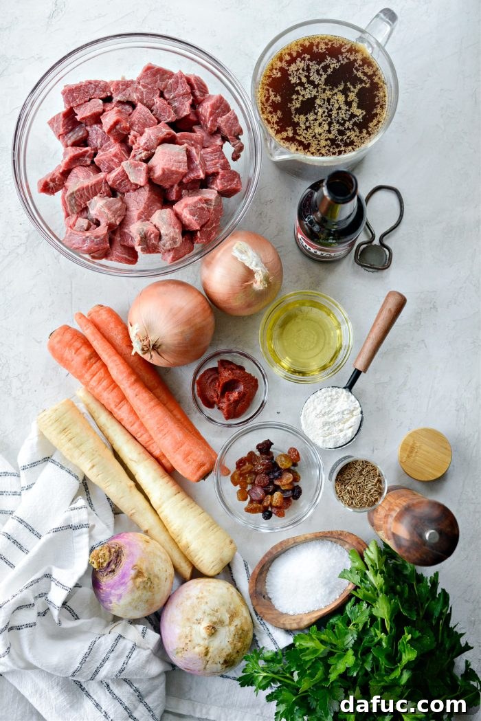 Guinness-Infused Irish Beef Stew 4 Ingredients laid out for Irish Stout Beef Stew recipe preparation