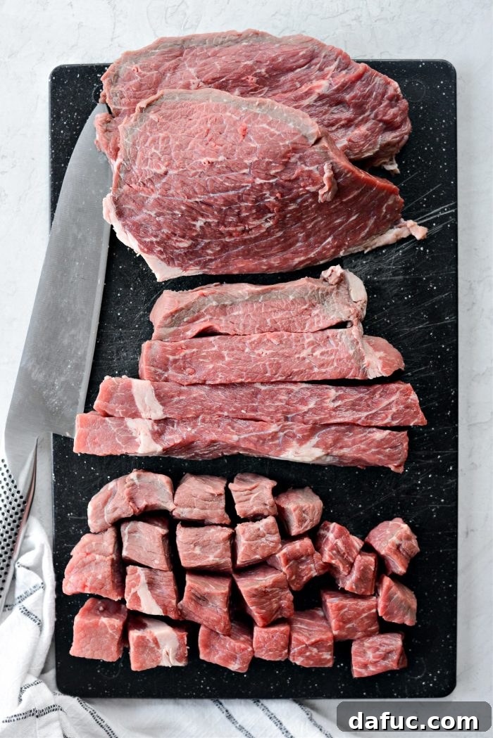 Guinness-Infused Irish Beef Stew 5 Step-by-step guide on how to slice beef roast into stew meat