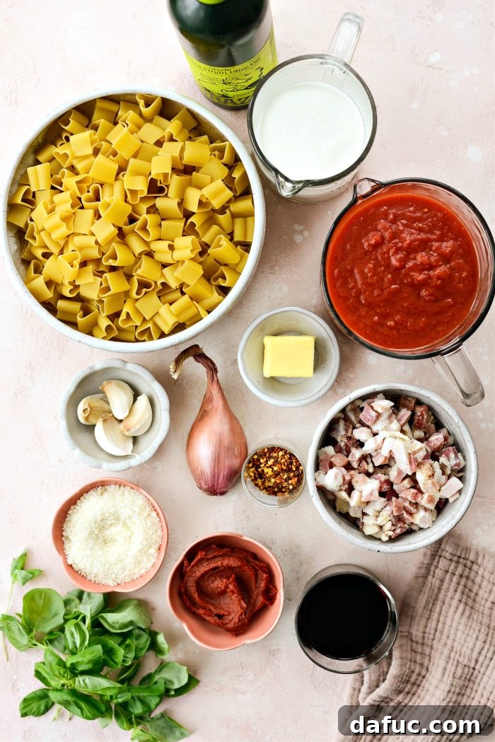 Creamy Blush Pasta 4 Ingredients for Pink Pasta Sauce including Tomatoes, Pancetta, and Cream