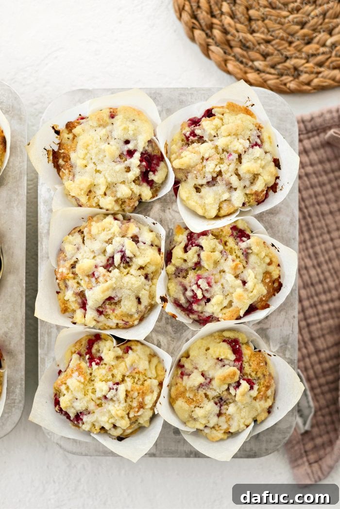 Freshly baked Raspberry White Chocolate Streusel Muffins in the pan