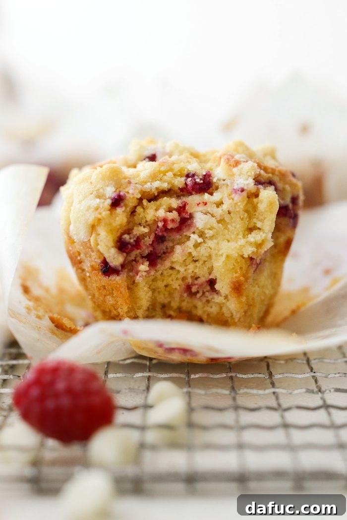 Close-up of a Raspberry White Chocolate Streusel Muffin, highlighting the texture and topping