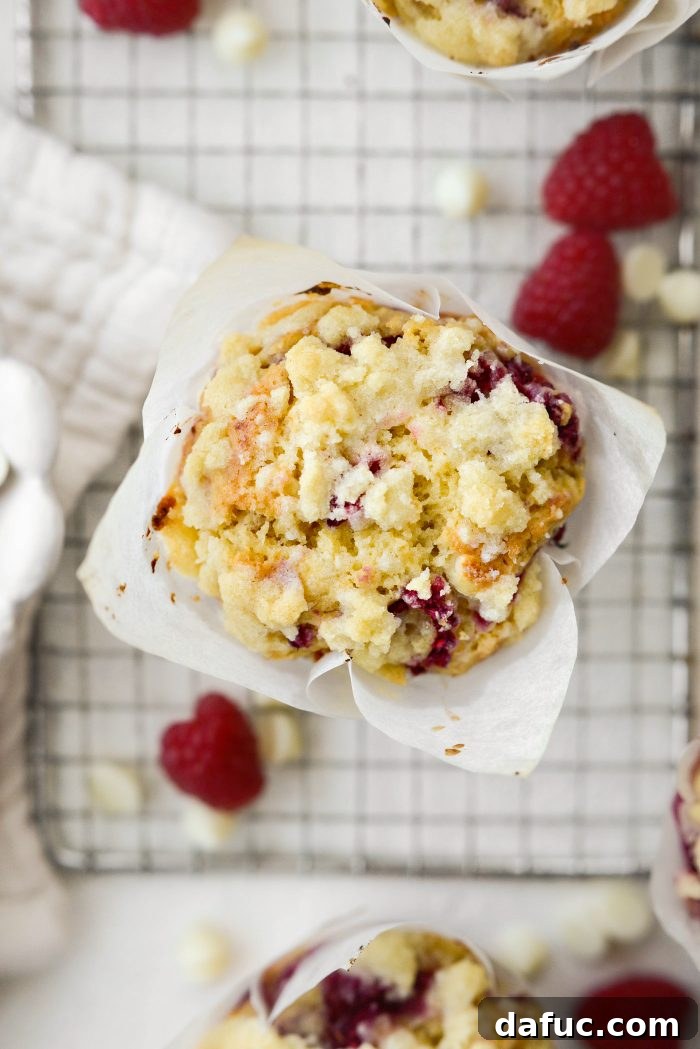 Another view of Raspberry White Chocolate Streusel Muffins, ready to be enjoyed