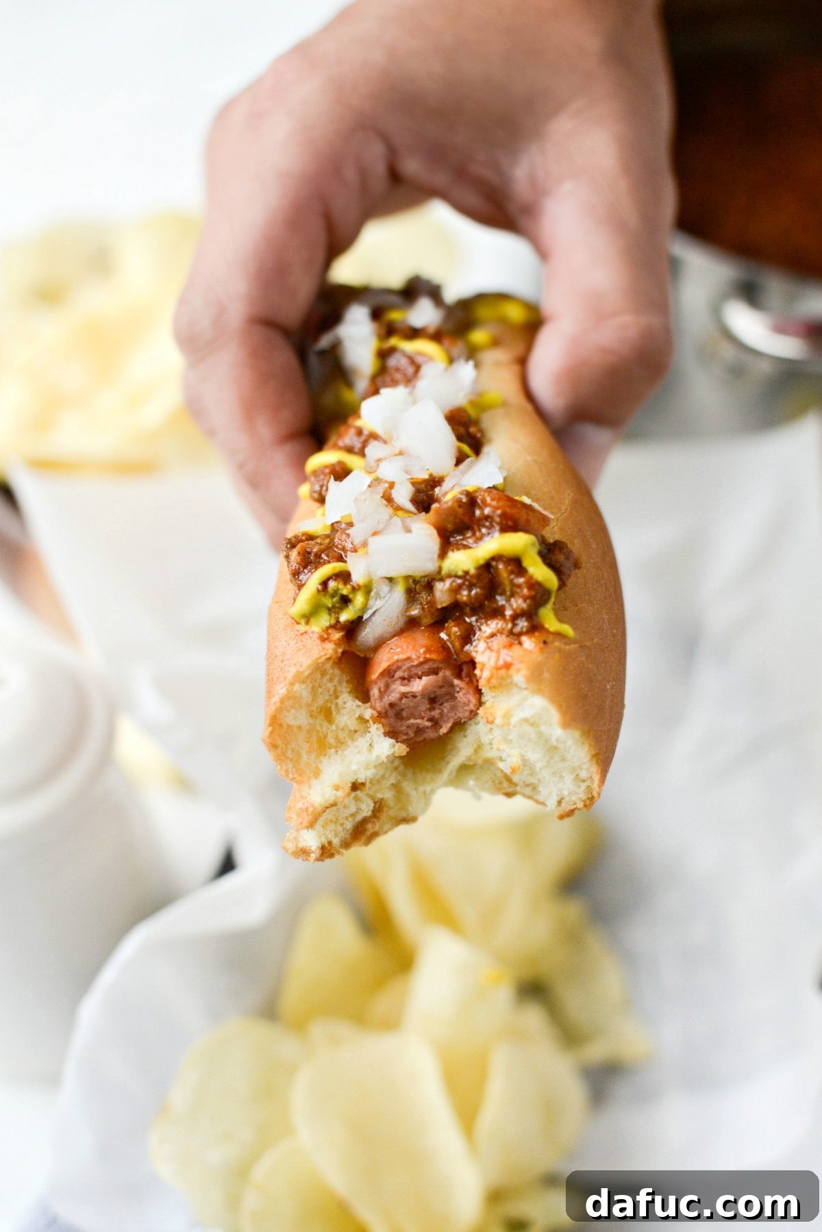 More Coney Dog Inspiration An overhead shot of a Detroit Style Coney Dog, artfully presented