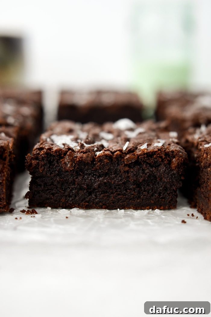 A close-up shot of a single Salted Fudge Brownie, highlighting its fudgy interior