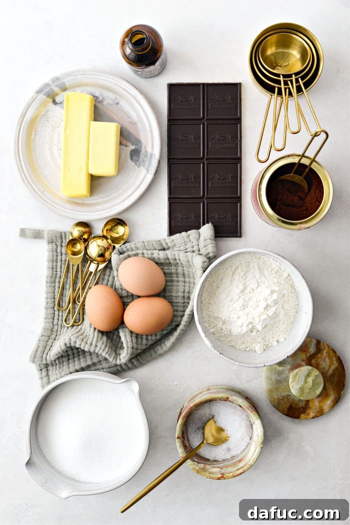 All the necessary ingredients for making Salted Fudge Brownies, neatly arranged