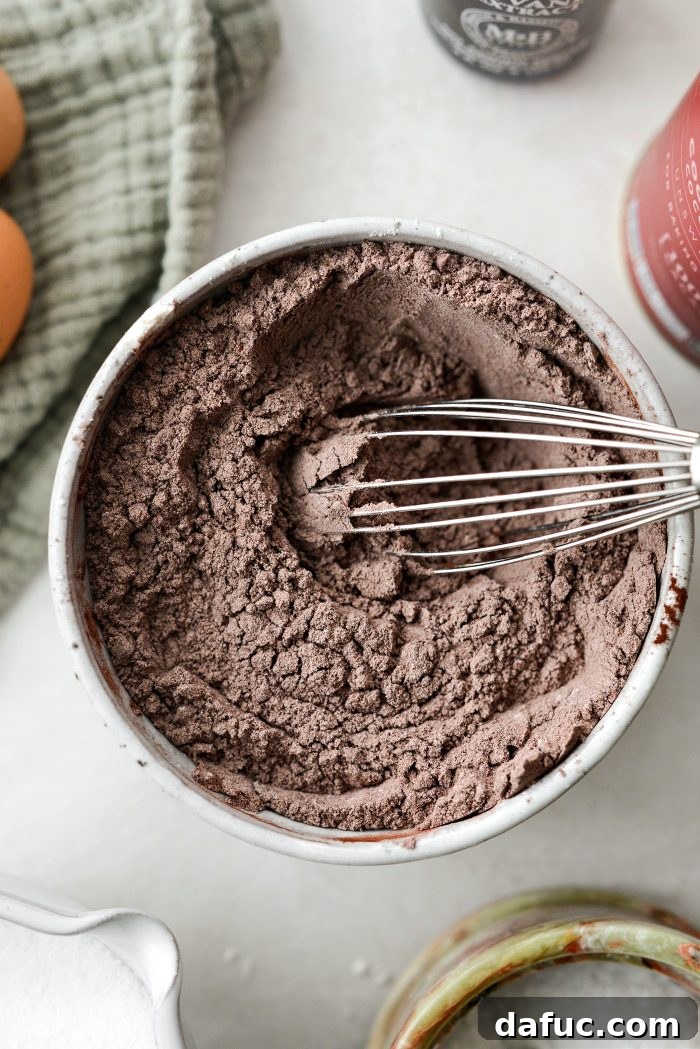 A whisk blending flour and cocoa powder together in a bowl