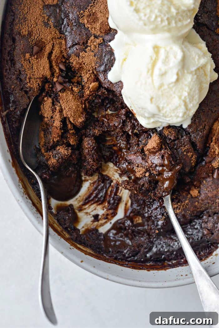 Irresistibly gooey Chocolate Pudding Cake, ready to be served warm with ice cream