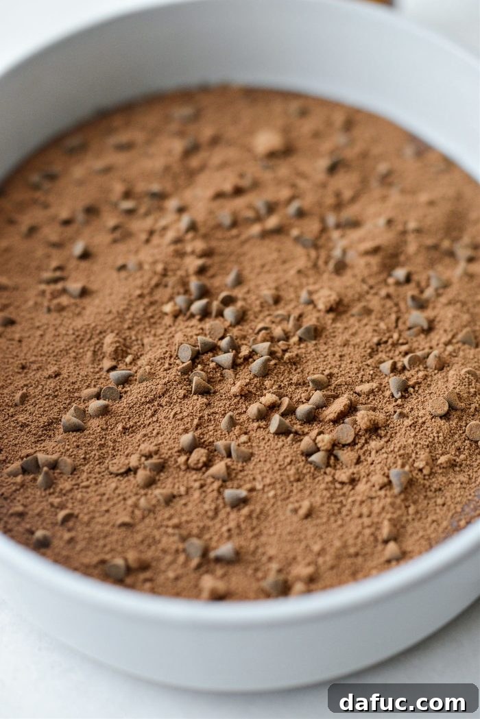 Sprinkling the brown sugar mixture over the chocolate cake batter