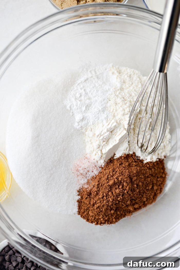 Dry ingredients for Chocolate Pudding Cake mixed in a bowl