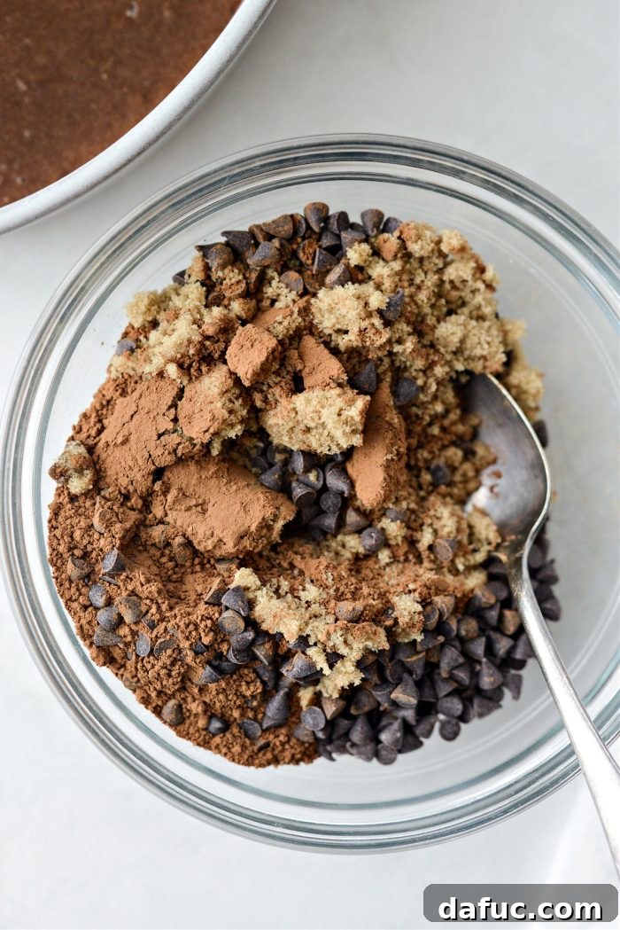 Bowl containing brown sugar, cocoa powder, and mini chocolate chips for the pudding layer