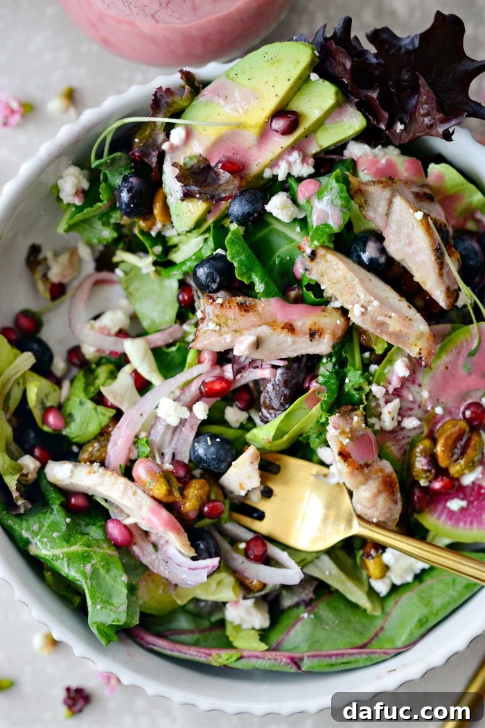 Another enticing angle of the finished Blueberry Pistachio Spring Salad.