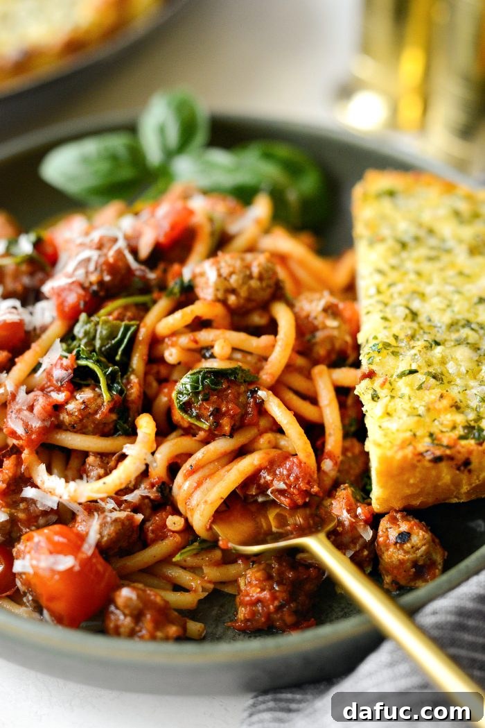 Hearty Sausage and Kale Pasta with Burst Tomatoes 18 Another enticing angle of the Italian Sausage Tomato Kale Pasta.