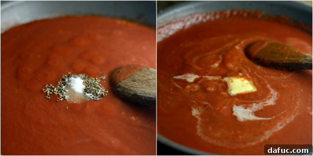 Adding tomato sauce and seasonings to skillet