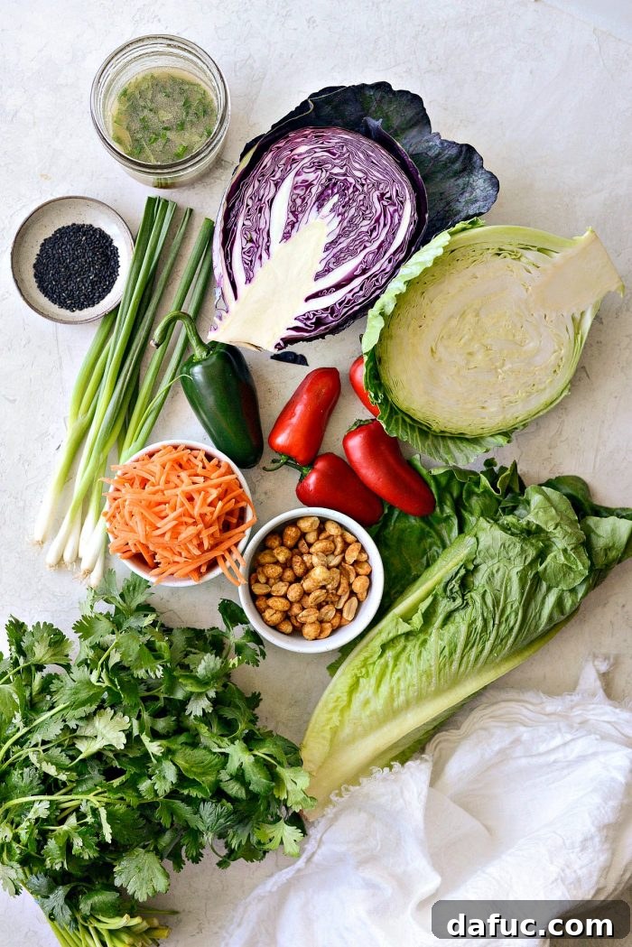 Asian Crunch Salad with Basil-Ginger Zing 4 Ingredients laid out for Asian Cabbage Slaw with Basil Ginger Dressing