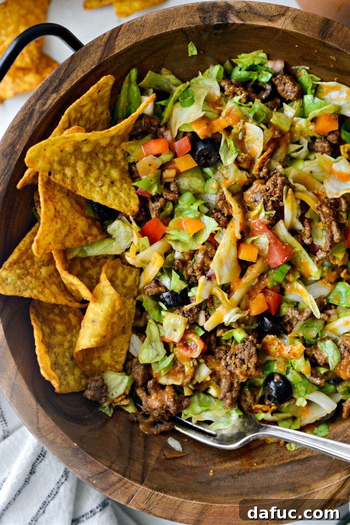 Loaded Chopped Taco Salad 12 Another appealing shot of chopped taco salad in a serving bowl.