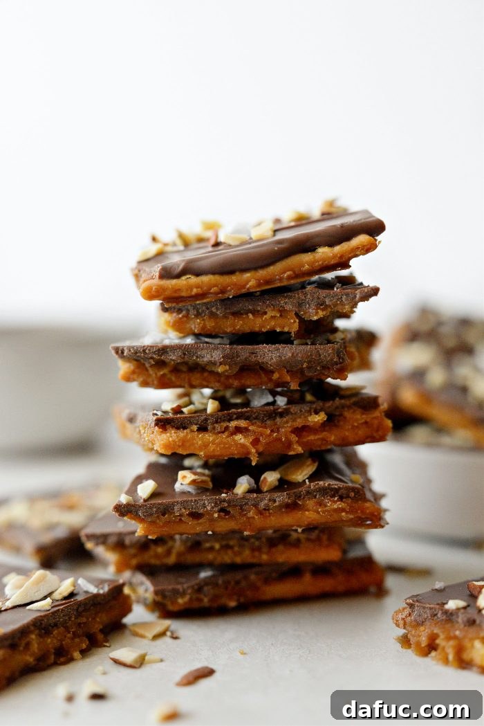 Salty Sweet Toffee Crunch 2 Delicious Saltine Toffee, also known as Christmas Crack, ready to be enjoyed.
