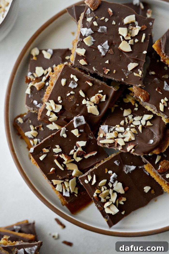Salty Sweet Toffee Crunch 15 A large pan of Saltine Toffee (Christmas Crack) after being broken into pieces, ready for serving.