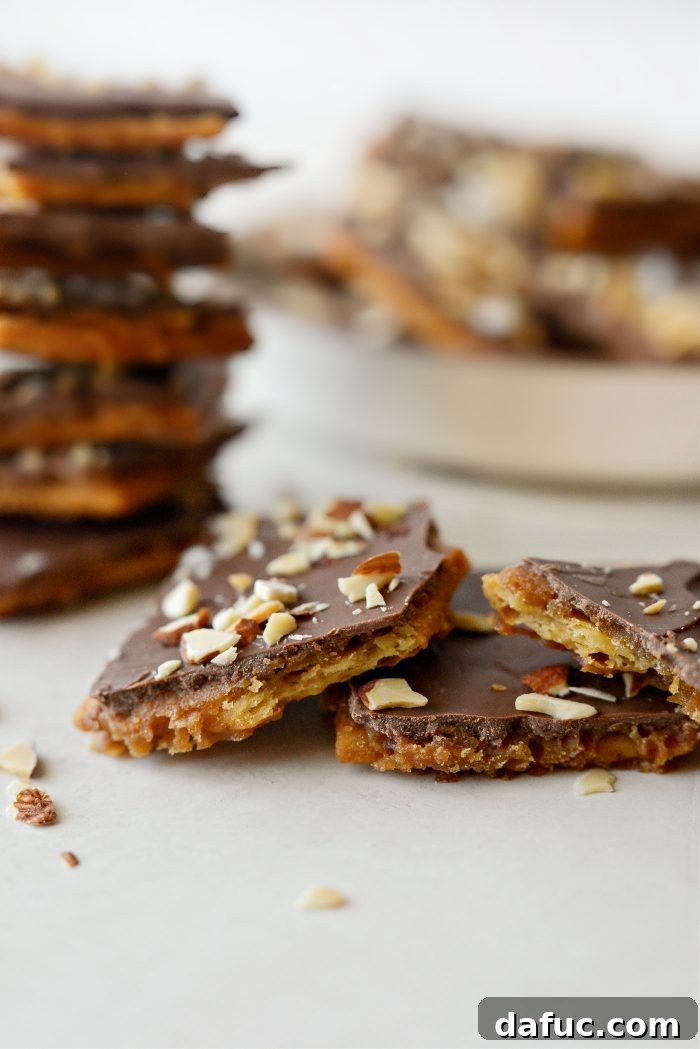 Final close-up image of Saltine Toffee, perfectly broken into irregular pieces, adorned with flaky salt, ready to be enjoyed.