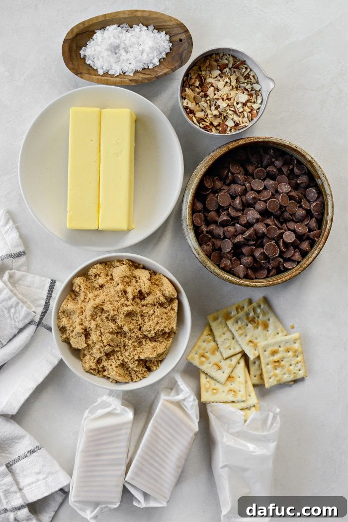 Salty Sweet Toffee Crunch 4 A visual of the four essential ingredients for making Saltine Toffee: crackers, butter, brown sugar, and chocolate chips.