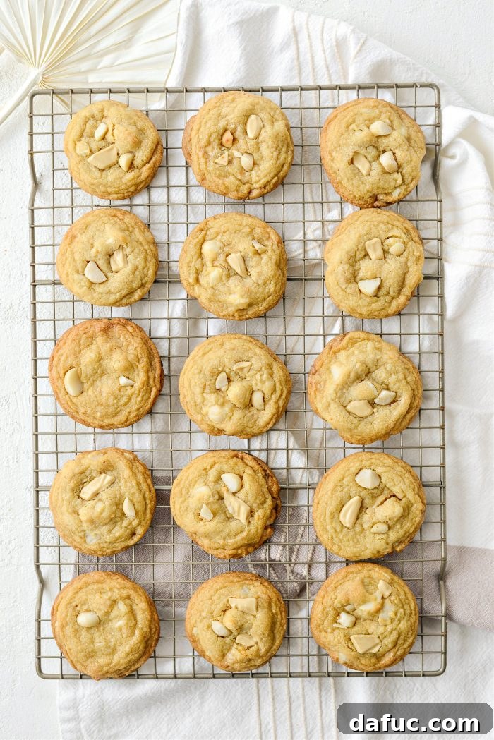 Gourmet White Chocolate Macadamia Nut Treasures 15 Transferring freshly baked cookies to a wire rack for cooling