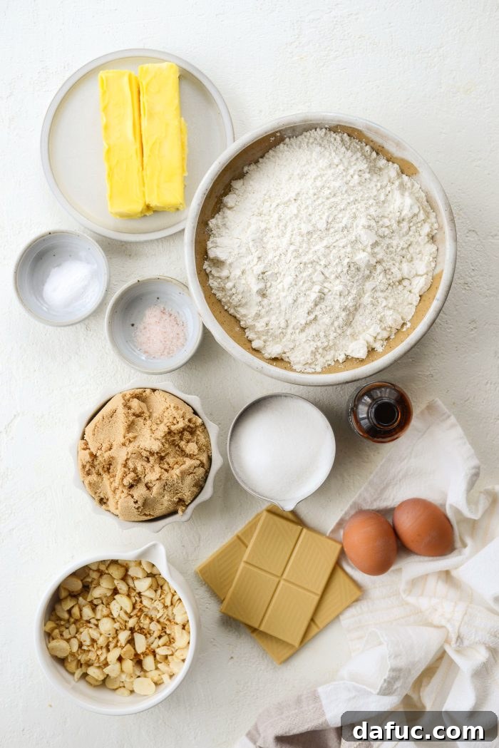 Gourmet White Chocolate Macadamia Nut Treasures 4 Ingredients for White Chocolate Chunk Macadamia Nut Cookies laid out