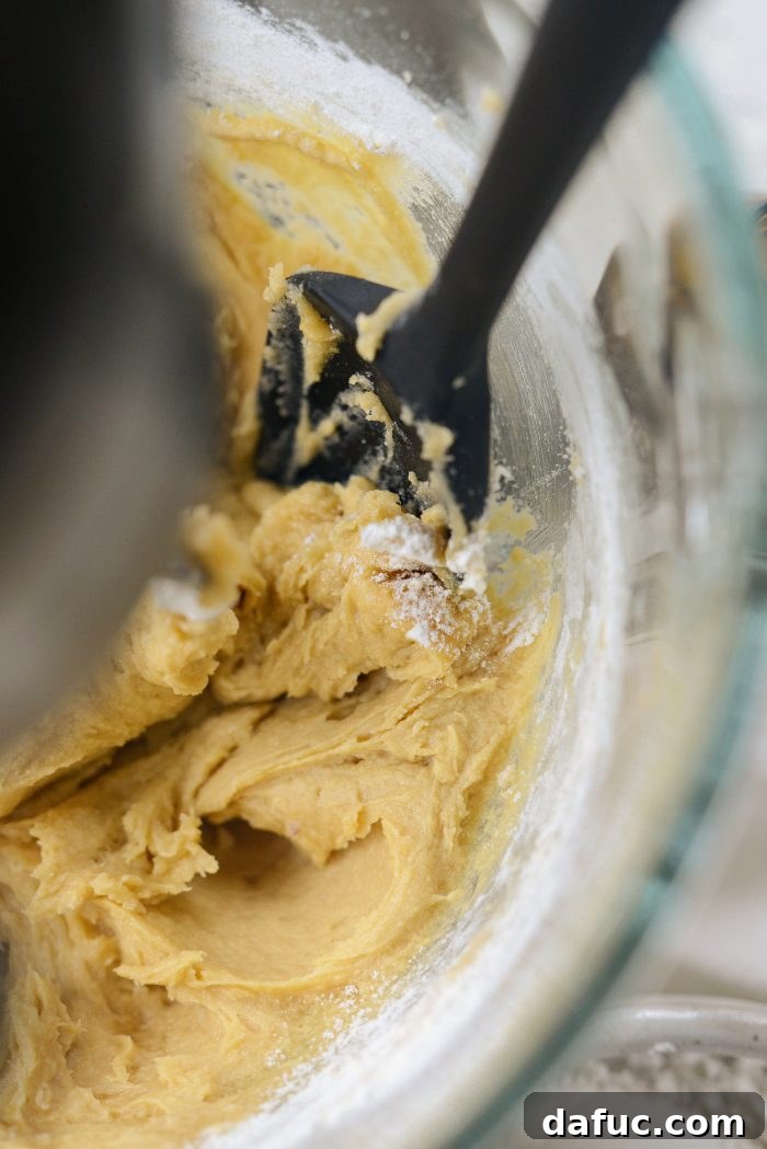 Gourmet White Chocolate Macadamia Nut Treasures 10 Scraping down the mixing bowl to ensure even cookie dough consistency