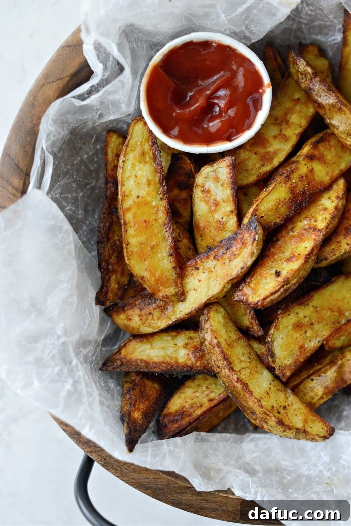 Crispy Seasoned Steak Fries 2 Seasoned Steak Fries in a white bowl with a side of ketchup, showcasing their golden crispiness