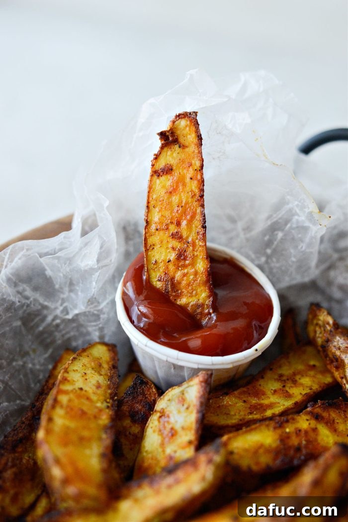 Crispy Seasoned Steak Fries 16 A seasoned steak fry being dipped into a dollop of ketchup, ready to be eaten