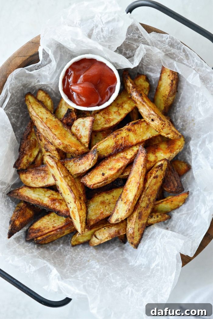 Crispy Seasoned Steak Fries 3 A close-up shot of crispy golden seasoned steak fries piled high on a baking sheet, fresh out of the oven